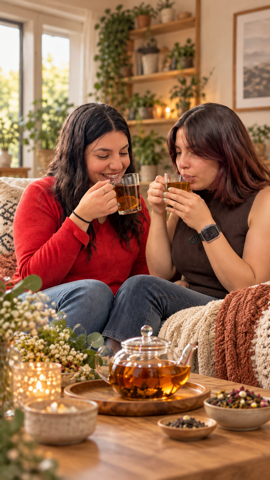 Dos amigas disfrutan de una infusión Tea Lab en el sofá, con una tetera de cristal sobre la mesa